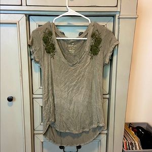 Army Green Rose Embroidered V-Neck Top